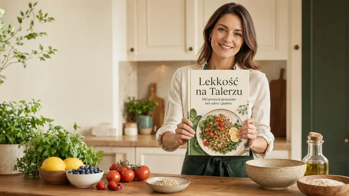 Kobieta w jasnej kuchni prezentuje książkę Lekkość na Talerzu